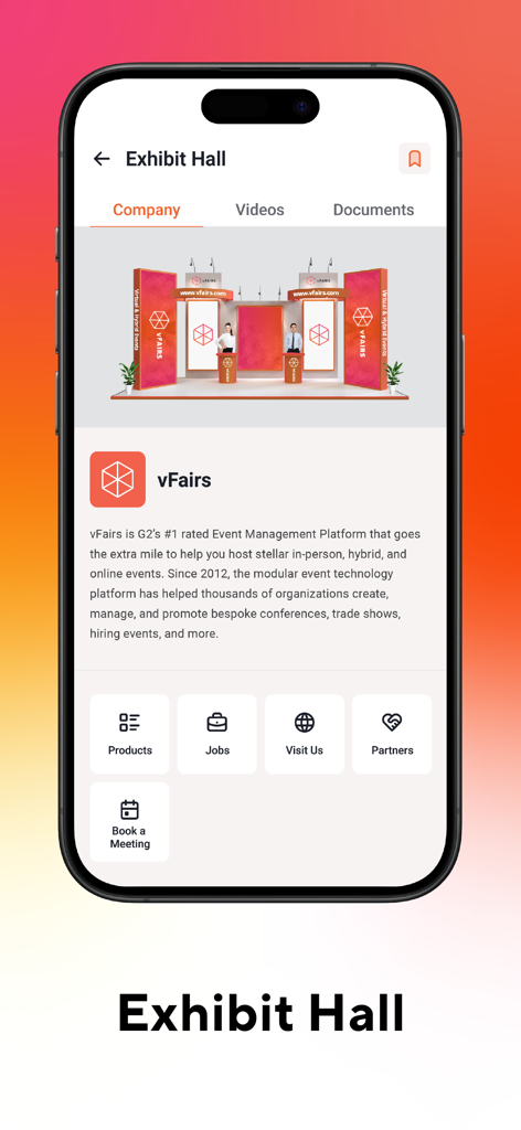 vFairs mobile app Exhibit Hall screen showing a virtual company booth with options to book a meeting and view products