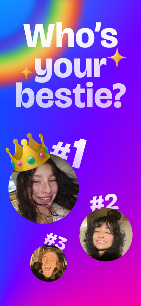 Una captura de pantalla de la aplicación superBFF con el texto ¿Quién es tu mejor amigo? y una tabla de clasificación que muestra a tres amigos clasificados como uno, dos y tres.