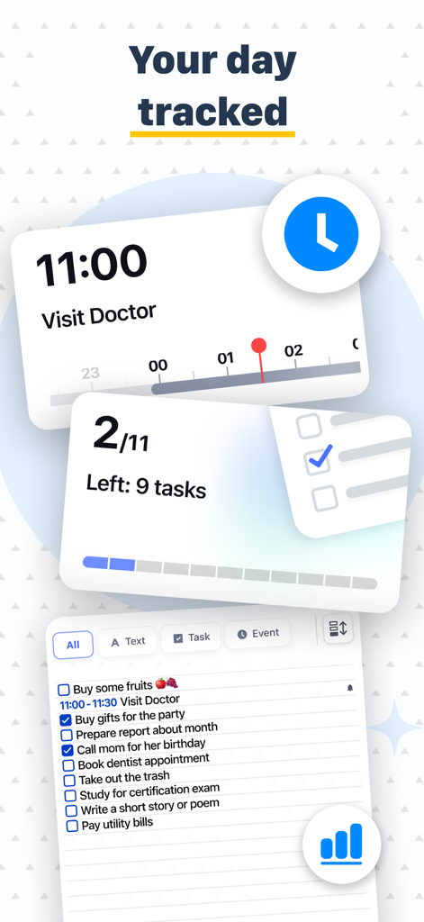 Planner: Daily, Weekly Diary - A mobile app interface showing a daily task list with progress tracking and scheduled appointments