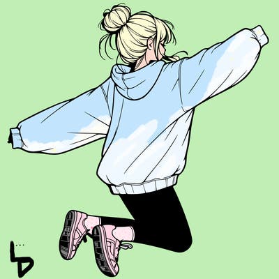 realistic girl jumping with a bun and oversized sweatshirt