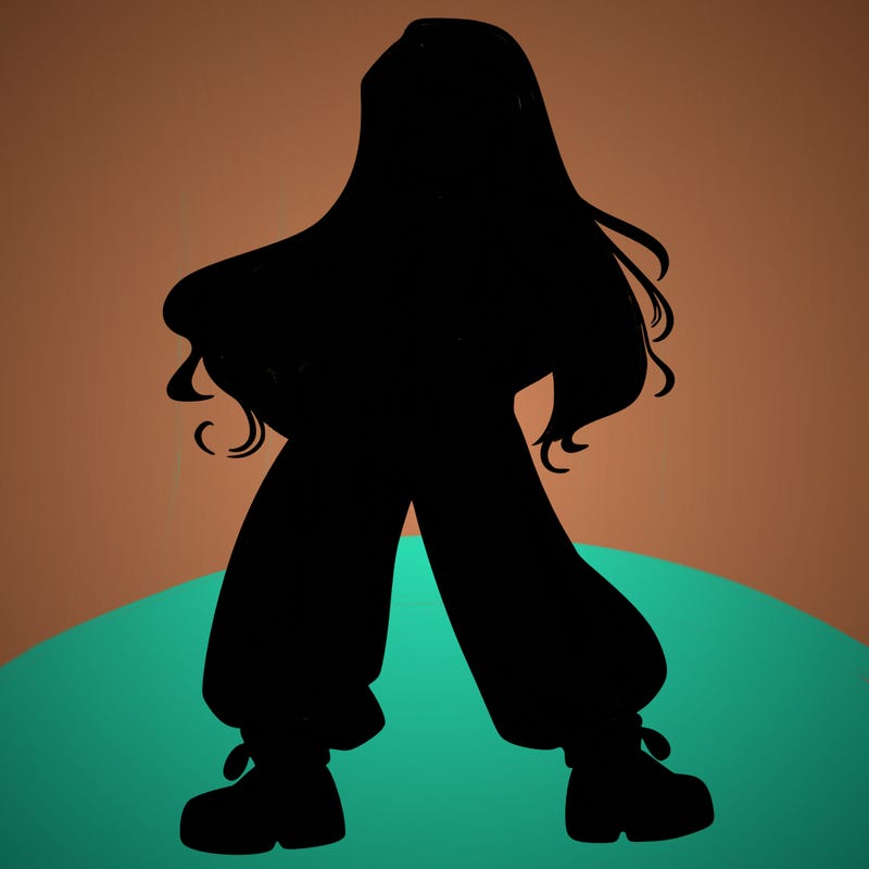 girl in baggy pants crop top and long hair