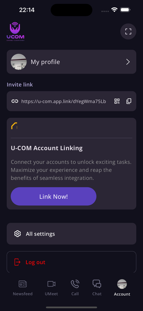 U-COM - U-COM app account screen displaying user profile options, invite link, and account linking section.
