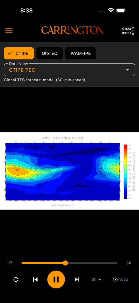 Carrington - Global Total Electron Content forecast map in the Carrington space weather app
