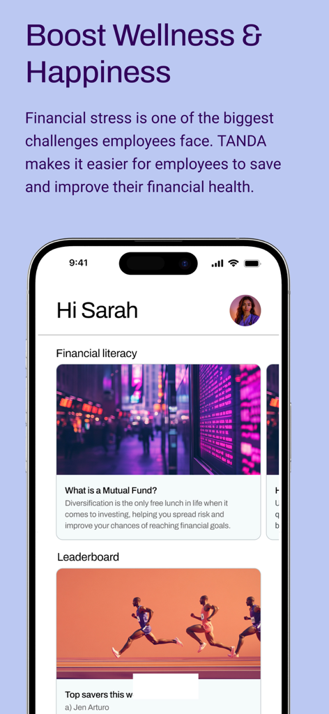 Tanda app dashboard featuring financial literacy tips and a savings leaderboard for employees