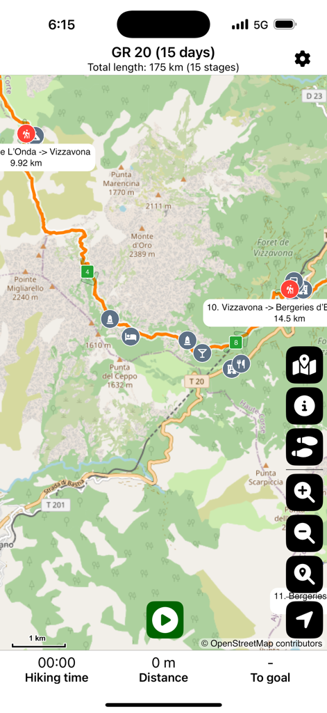 Hiking map of the GR 20 trail showing points of interest and navigation data