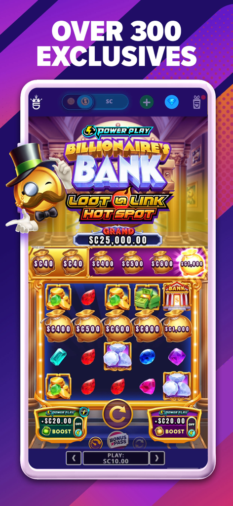 Screenshot dell'interfaccia esclusiva del gioco di slot Billionaire's Bank sull'app mobile High 5 Casino.