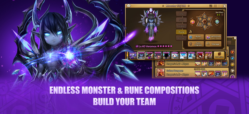Summoners War - Interface de Summoners War affichant la personnalisation des runes des monstres et la construction d'équipe