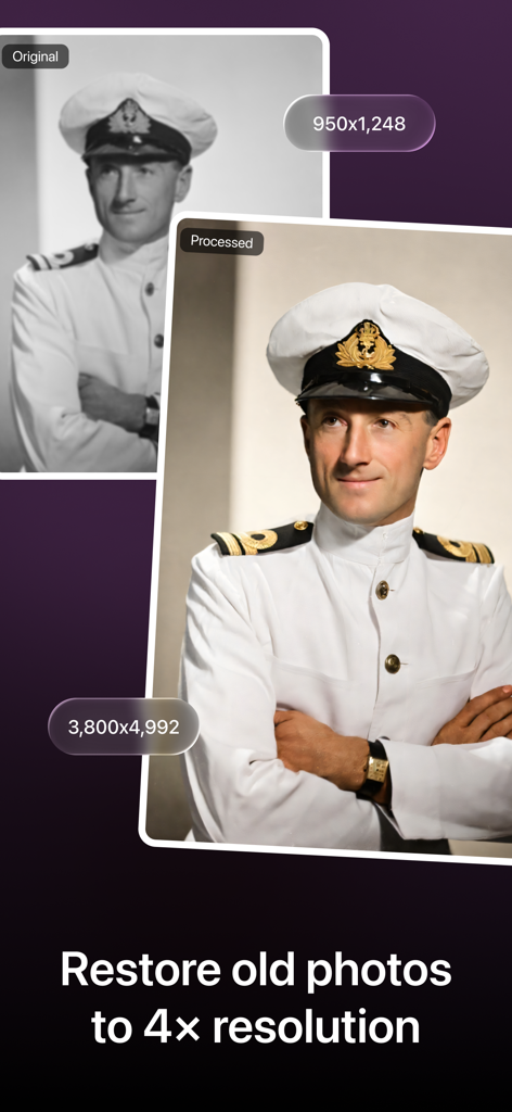 Colorize - Restore Old Photos - Vergleich, der ein Schwarz-Weiß-Porträt eines Mannes zeigt, das restauriert und auf ein hochauflösendes Farbfoto skaliert wurde