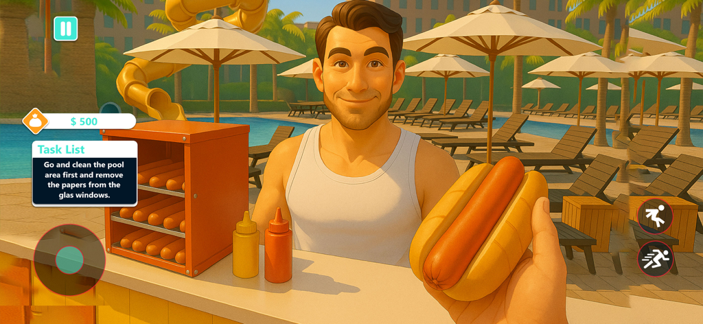 Water Park Supervisor Sim Game - Un personaje sosteniendo un hot dog en un puesto de bocadillos de piscina en el Juego Sim de Gerente de Parque Acuático.