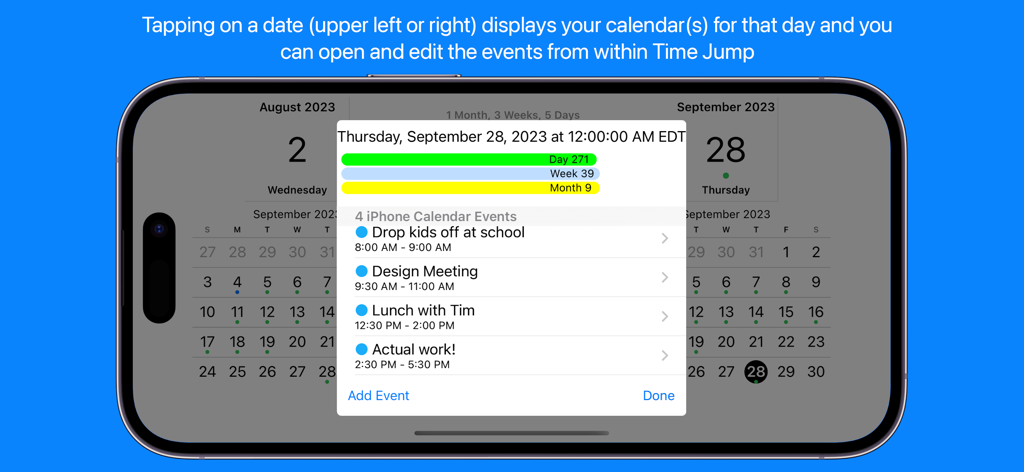 Time Jump - Date Calculator - La aplicación Time Jump muestra eventos integrados del calendario de iPhone y detalles del horario diario