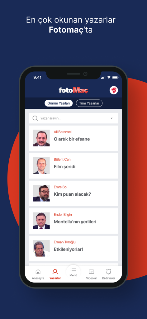 FOTOMAÇ–spor haberleri - Screenshot of the Fotomaç app showing a list of sports columnists and their latest articles.