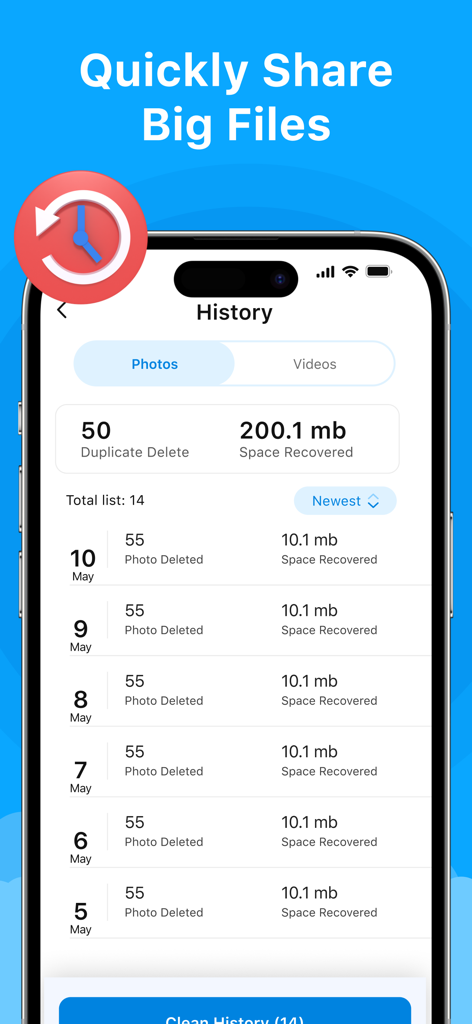 ShareAny: Smart File Sharing - Interfaz de la aplicación móvil que muestra el historial de eliminación de fotos y el espacio de almacenamiento recuperado