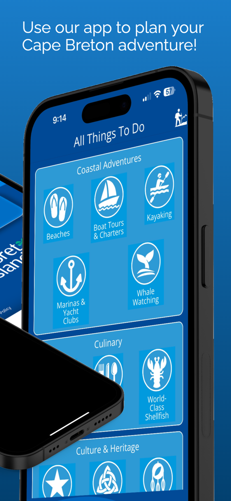Visit Cape Breton 앱 인터페이스가 아이폰에 해안 모험 및 요리 여행 옵션을 보여줍니다.