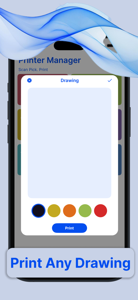 Smart Printer : Scanner App - Interfaz de la app Smart Printer mostrando una herramienta de dibujo con selección de color y un botón de impresión