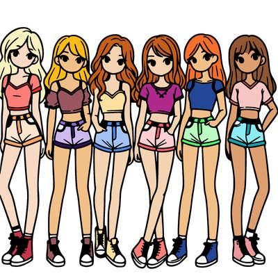 a group of girls wearing crop tops and shorts
