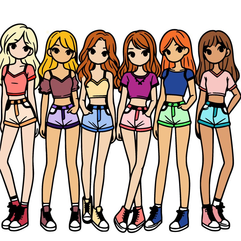 a group of girls wearing crop tops and shorts