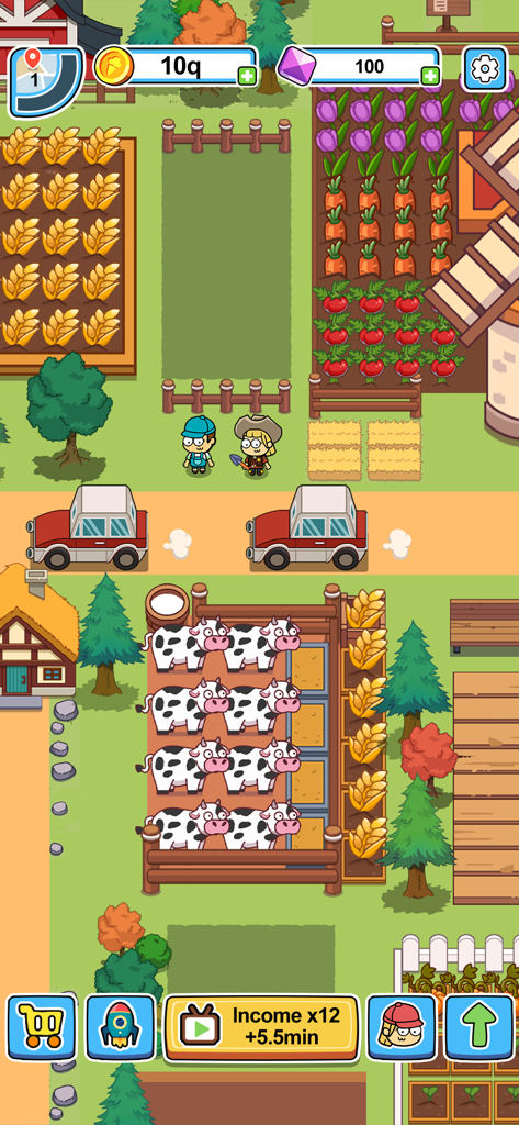 Idle Food Bar: Olivia & Oliver - Cute farm simulation gameplay in Idle Food Bar featuring cows, crops, and characters Olivia and Oliver.