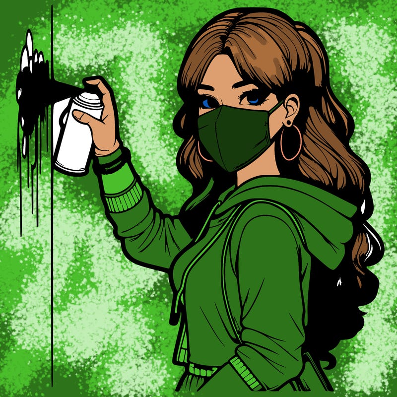 realistic girl with mask spray painting a wall