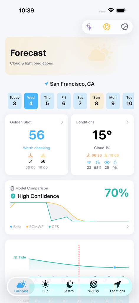 CloudScape - Panel de la aplicación CloudScape mostrando el pronóstico meteorológico para fotografía, puntuación Golden Shot y datos de mareas