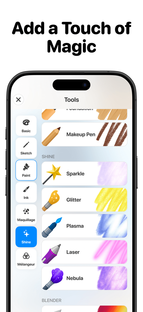 Color Pop AI - Coloring Book - Color Pop AI app interface showing special effect brushes like sparkle and glitter
