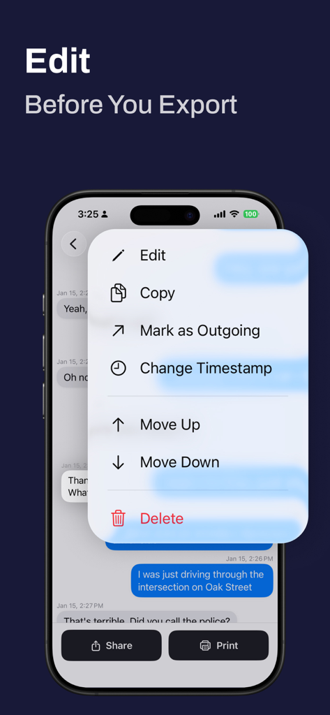 MsgKeepアプリでテキストメッセージを編集し、タイムスタンプを変更するためのメニューを表示するiPhone画面
