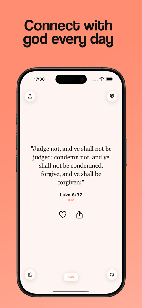 A mobile phone screen displaying a Bible verse from Luke 6:37 on the Verity app interface with a minimalist design.