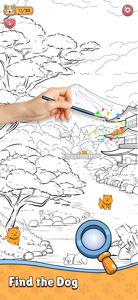 Find the Dog: Hidden Objects! - A hidden object game screen showing a hand painting a black and white Japanese landscape to find hidden dogs.