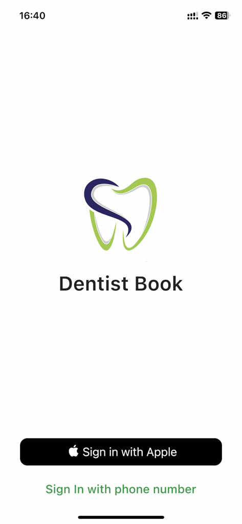 Dentist Book - Dentist Book mobile app login screen featuring a tooth logo and sign in buttons