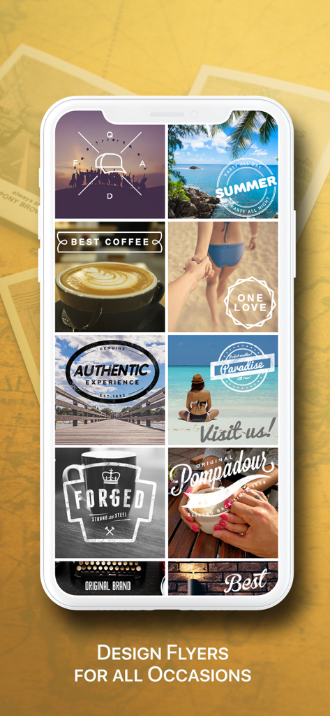 A mobile screen showing a variety of retro-style flyer and logo designs for different occasions like coffee shops and summer events.