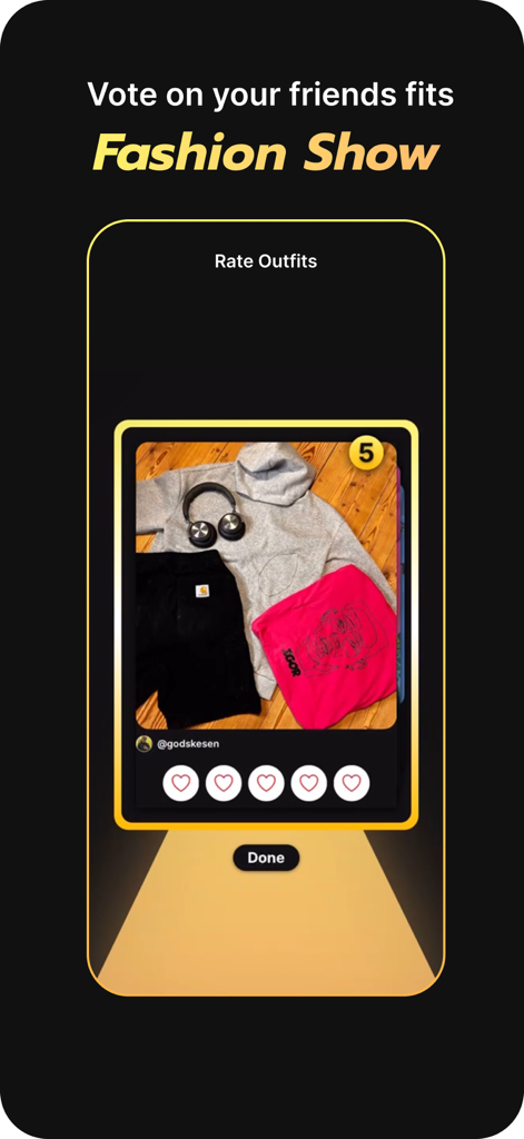 Fitdrop - Fitdrop app interface showing a virtual fashion show where users can rate friends outfits with hearts