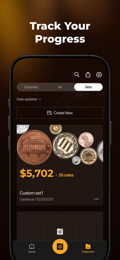 CoinSnap app interface showing a custom coin collection with a total value of 5,702 dollars across 35 coins.