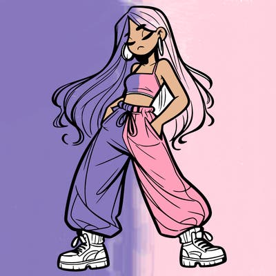 girl in baggy pants crop top and long hair