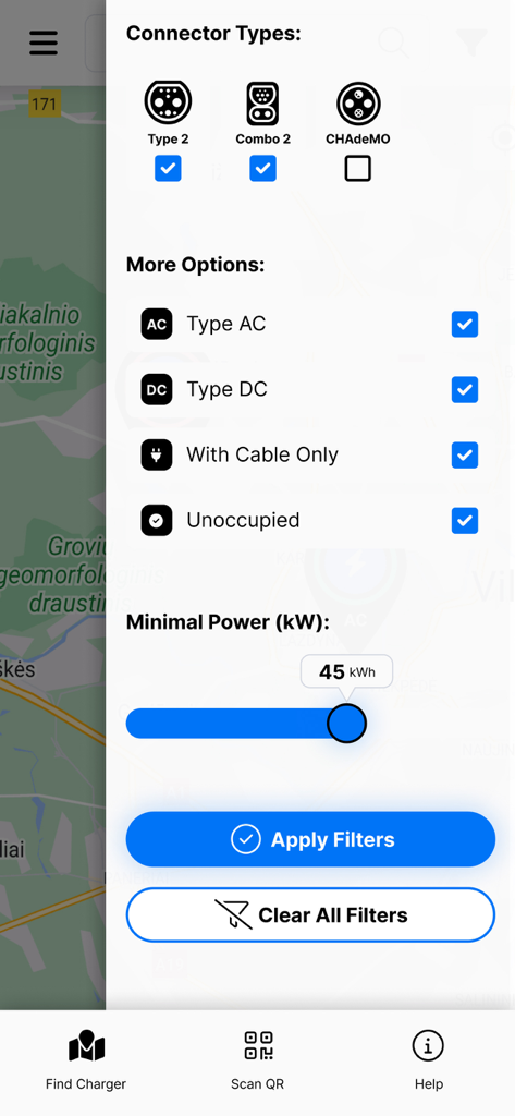 Ignitis ON - Filter screen in the Ignitis ON app showing options for EV connector types and charging power levels