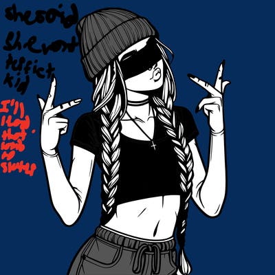 realistic teenage girl with braids and a beanie and crop top doing 🫶🏼
