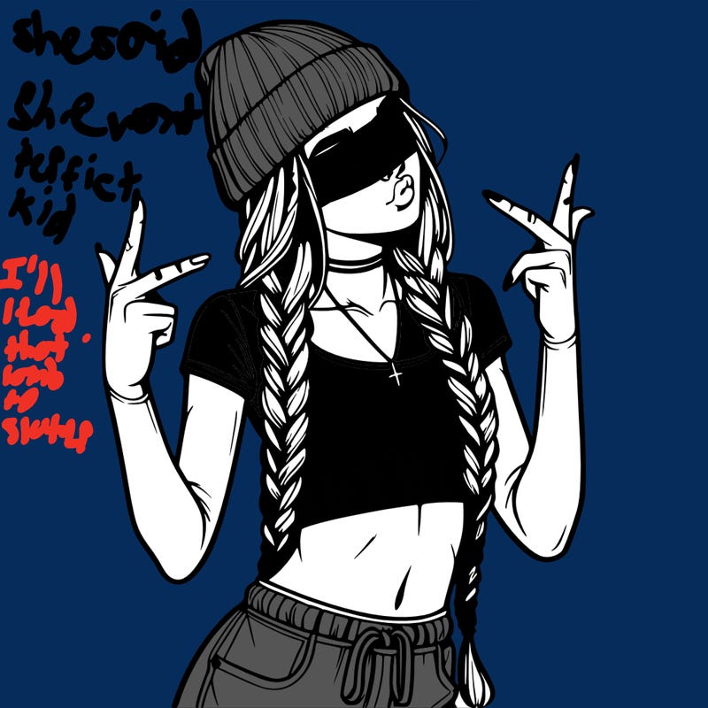 realistic teenage girl with braids and a beanie and crop top doing 🫶🏼