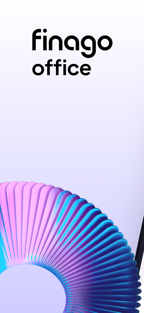 Finago Office - Pantalla de presentación de Finago Office con un diseño abstracto en espiral 3D de colores