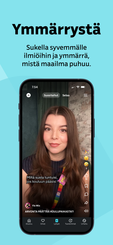Yle mobile app interface showing a vertical short video feature with Finnish news content and navigation menu