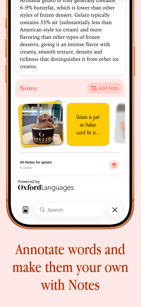LookUp: English Dictionary - A screenshot of the LookUp app showing the word annotation feature with personal notes and images for the word gelato