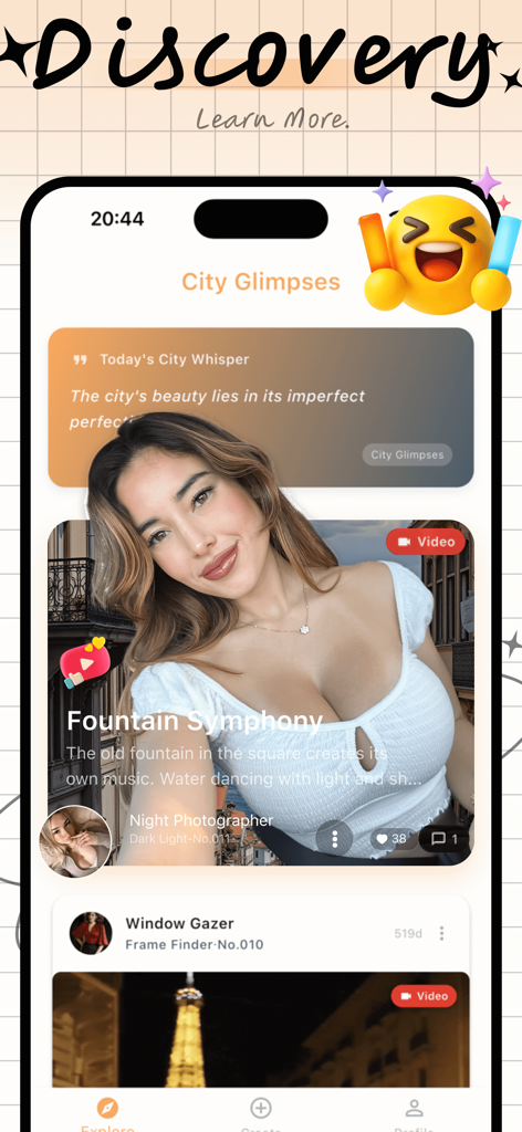 Cilo - Interfaz de la aplicación Cilo mostrando un feed de atisbos de la ciudad y vídeos de exploradores urbanos