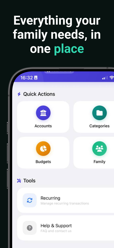 WeCount · Family Shared Budget - Interfaz de la aplicación WeCount que muestra herramientas de presupuesto familiar que incluyen cuentas, presupuestos y categorías familiares compartidas