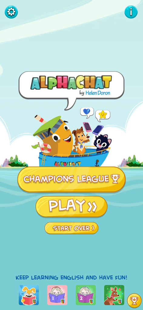 Home screen of the Alphachat by Helen Doron educational app for children featuring cartoon characters on a boat.