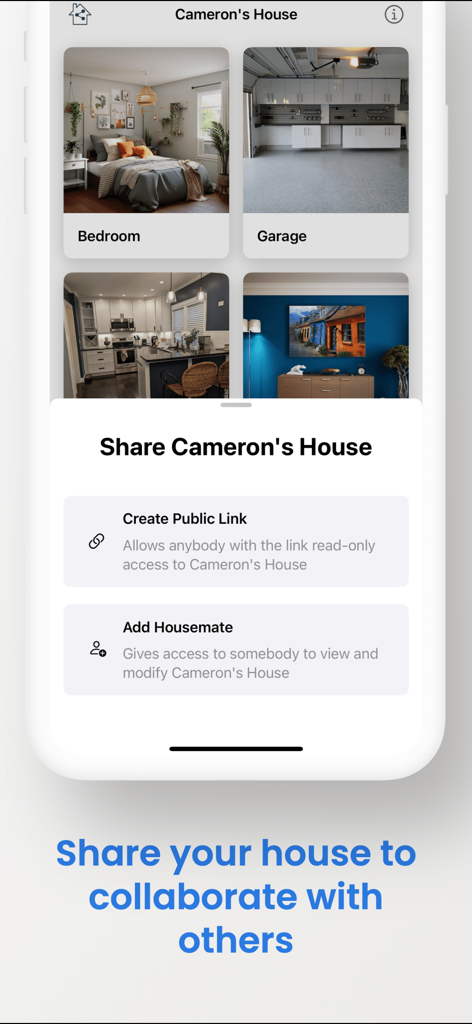 HouseBook - Home Inventory - HouseBook app interface showing home inventory sharing options including public link and adding housemates