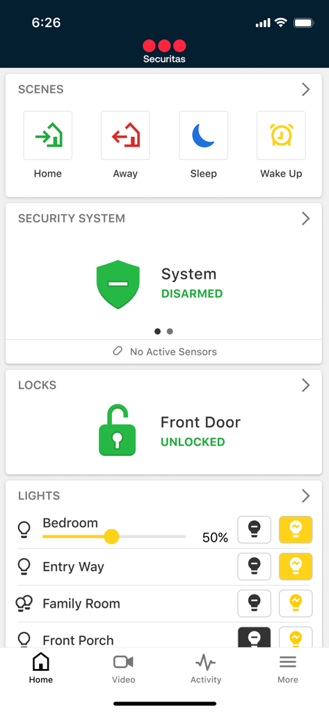 Securitas Connect - Securitas Connect Mobile App Dashboard mit Heimautomatisierungs- und Sicherheitskontrollen