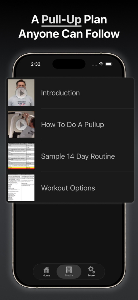 Stew Smith's Pull-Up Push - Media menu of the Stew Smith Pull-Up Push app featuring video instructions and a 14 day training routine