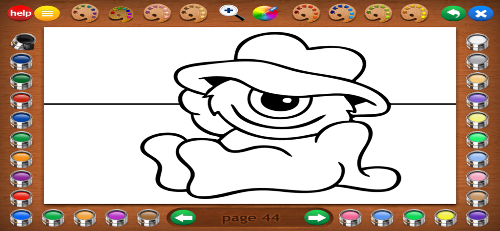 A coloring page of a friendly cyclops monster wearing a hat in the Little Monsters Coloring Book app
