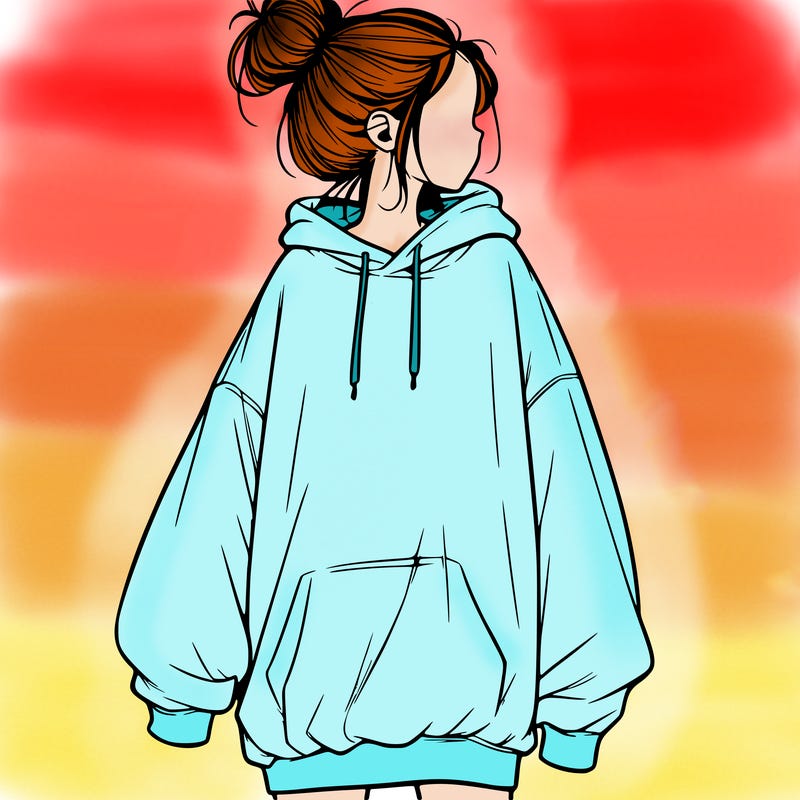 realistic girl with a oversized sweatshirt on and a bun