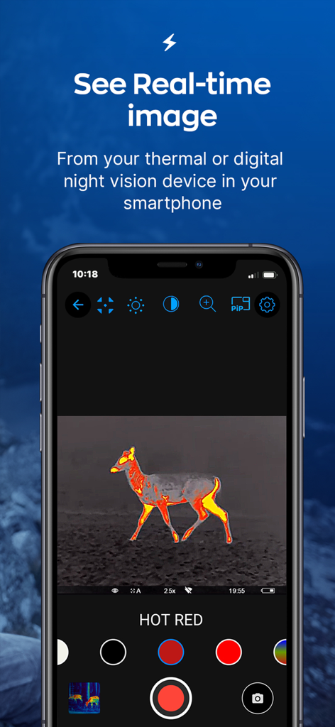Smartphone screen displaying a real-time thermal image of a deer using the Stream Vision 2 app