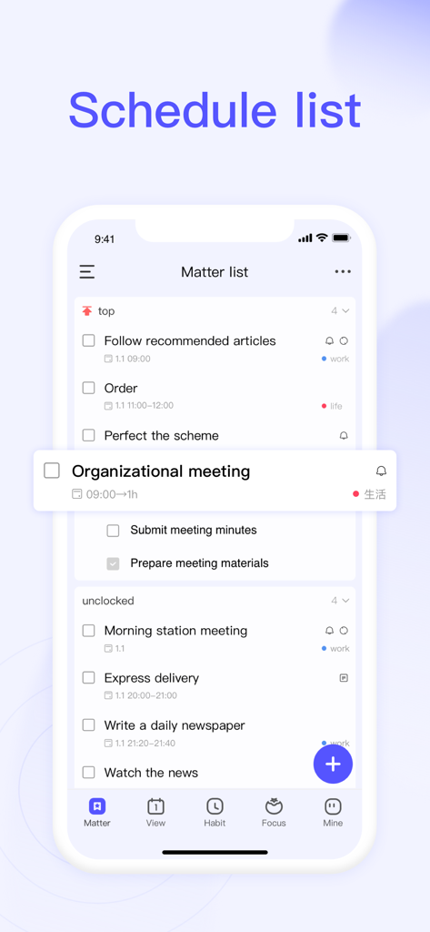 Zomoplan app showing a schedule list with work and life tasks organized by priority and time