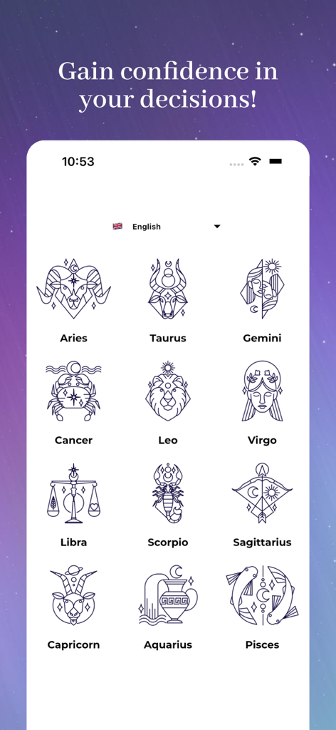 Daily Horoscope app screen displaying icons and names for all twelve zodiac signs including Aries Taurus and Gemini