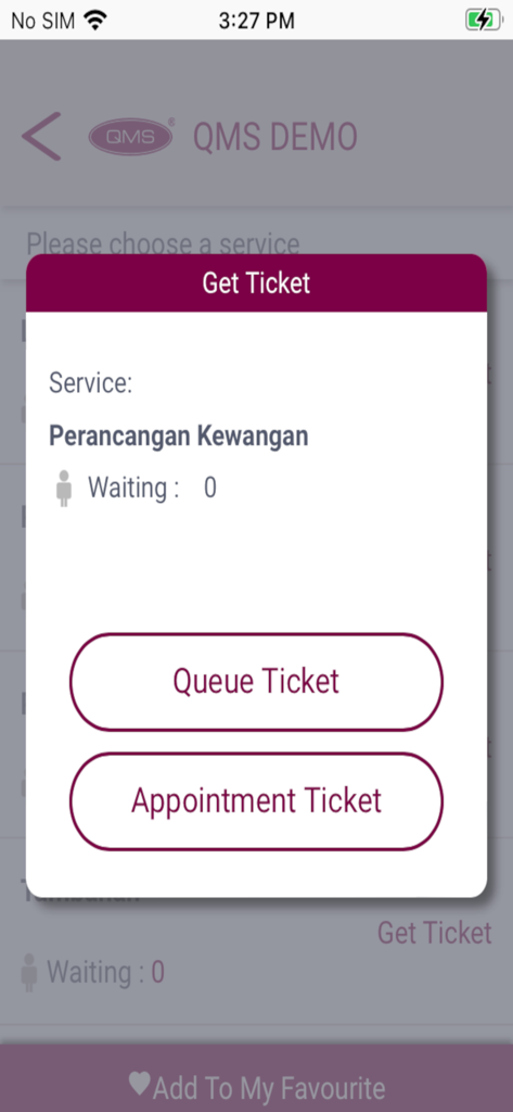 Bildschirm der mobilen App mit einem Pop-up-Menü zur Auswahl zwischen einem Warteschlangenticket oder einem Terminticket.